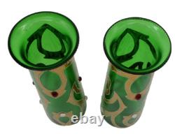 Bohemian Art Nouveau Green Art Glass Painted Enamel Vase Pair
