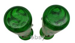 Bohemian Art Nouveau Green Art Glass Painted Enamel Vase Pair