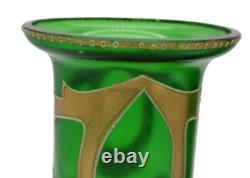 Bohemian Art Nouveau Green Art Glass Painted Enamel Vase Pair