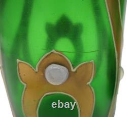 Bohemian Art Nouveau Green Art Glass Painted Enamel Vase Pair