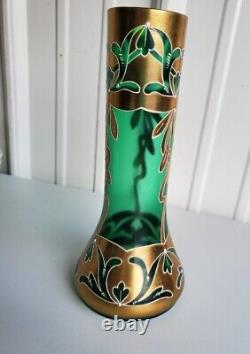 Bohemian Art Nouveau Green Glass Gilt Vase Arts & Crafts Antique