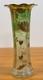 Bohemian Art Nouveau Green Glass Vase 12 Tall Enamel Gold Floral Hand Blown