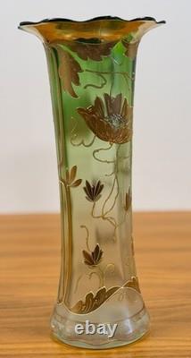 Bohemian Art Nouveau Green Glass Vase 12 Tall Enamel Gold Floral Hand Blown