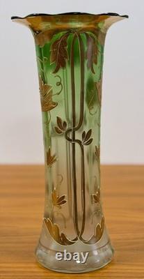 Bohemian Art Nouveau Green Glass Vase 12 Tall Enamel Gold Floral Hand Blown