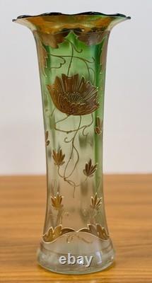 Bohemian Art Nouveau Green Glass Vase 12 Tall Enamel Gold Floral Hand Blown
