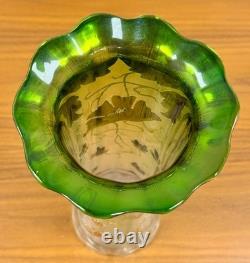 Bohemian Art Nouveau Green Glass Vase 12 Tall Enamel Gold Floral Hand Blown