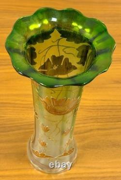 Bohemian Art Nouveau Green Glass Vase 12 Tall Enamel Gold Floral Hand Blown