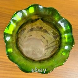 Bohemian Art Nouveau Green Glass Vase 12 Tall Enamel Gold Floral Hand Blown