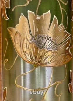 Bohemian Art Nouveau Green Glass Vase 12 Tall Enamel Gold Floral Hand Blown