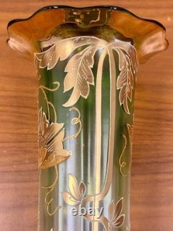 Bohemian Art Nouveau Green Glass Vase 12 Tall Enamel Gold Floral Hand Blown