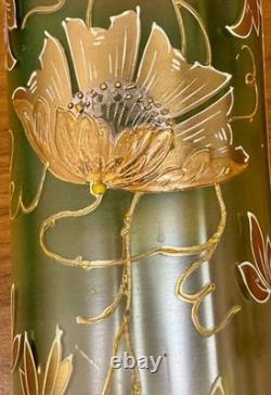 Bohemian Art Nouveau Green Glass Vase 12 Tall Enamel Gold Floral Hand Blown