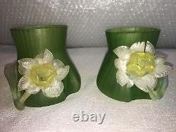 Bohemian Art Nouveau art glass vase pair of vases applied flower Kralik rare