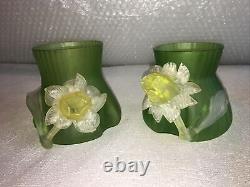 Bohemian Art Nouveau art glass vase pair of vases applied flower Kralik rare