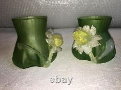 Bohemian Art Nouveau art glass vase pair of vases applied flower Kralik rare