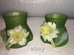 Bohemian Art Nouveau art glass vase pair of vases applied flower Kralik rare