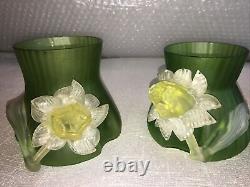 Bohemian Art Nouveau art glass vase pair of vases applied flower Kralik rare