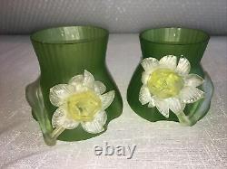 Bohemian Art Nouveau art glass vase pair of vases applied flower Kralik rare