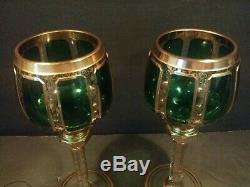 Bohemian Czech Moser Emeral Green Wine Hock Goblet Glass Gilded