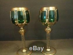 Bohemian Czech Moser Emeral Green Wine Hock Goblet Glass Gilded