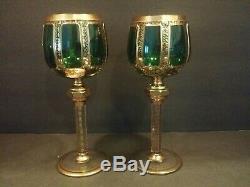 Bohemian Czech Moser Emeral Green Wine Hock Goblet Glass Gilded