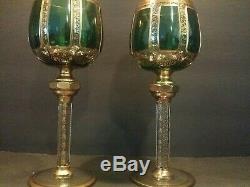 Bohemian Czech Moser Emeral Green Wine Hock Goblet Glass Gilded