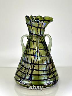 Bohemian Glass Vase Kalik/Pallme Koenig Green Veined Tri-Handle Czechoslovakia