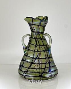Bohemian Glass Vase Kalik/Pallme Koenig Green Veined Tri-Handle Czechoslovakia
