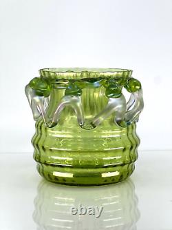 Bohemian Glass Vase Kralik Iridescent Green Frosted Art Nouveau Czechoslovakia