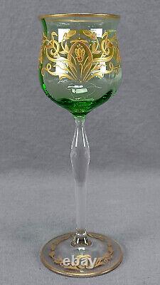 Bohemian Josephinenhutte Raised Gold Art Nouveau Floral Green Hock Wine Glass