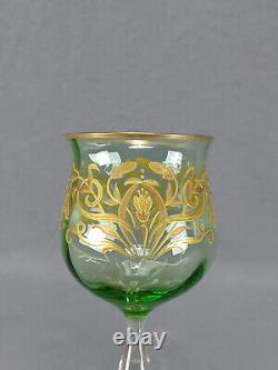 Bohemian Josephinenhutte Raised Gold Art Nouveau Floral Green Hock Wine Glass