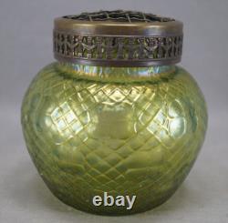 Bohemian Kralik Art Nouveau Green Iridescent Martele Flower Frog / Posi Vase