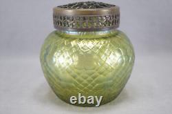 Bohemian Kralik Art Nouveau Green Iridescent Martele Flower Frog / Posi Vase