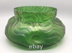 Bohemian Kralik Uranium Iridescent Green Glass Dimpled Bowl