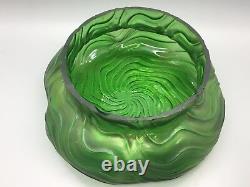 Bohemian Kralik Uranium Iridescent Green Glass Dimpled Bowl