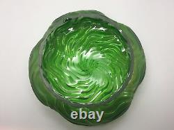 Bohemian Kralik Uranium Iridescent Green Glass Dimpled Bowl