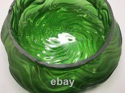 Bohemian Kralik Uranium Iridescent Green Glass Dimpled Bowl