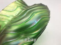 Bohemian Kralik Uranium Iridescent Green Glass Dimpled Bowl