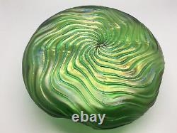 Bohemian Kralik Uranium Iridescent Green Glass Dimpled Bowl