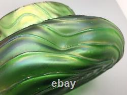 Bohemian Kralik Uranium Iridescent Green Glass Dimpled Bowl