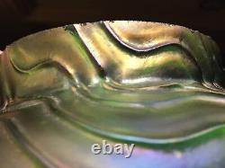 Bohemian Kralik Uranium Iridescent Green Glass Dimpled Bowl