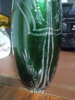 Bohemian Loetz Green Mica Silver Cameo Glass Art Nouveau Vase