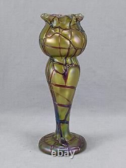 Bohemian Pallme Konig Green Veined Iridescent Art Nouveau Glass Vase Circa 1905