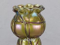 Bohemian Pallme Konig Green Veined Iridescent Art Nouveau Glass Vase Circa 1905