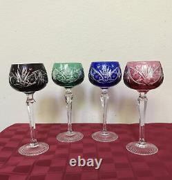 Bohemian Red/Blue/Green/Purple Color Cut Clear Crystal Hock Wine Glasses SET 4