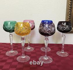 Bohemian Red/Blue/Green/Purple Color Cut Clear Crystal Hock Wine Glasses SET 6