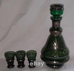 Bohemian green glass vintage Art Nouveau antique decanter & tot glasses