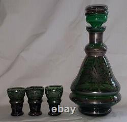 Bohemian green glass vintage Art Nouveau antique decanter & tot glasses