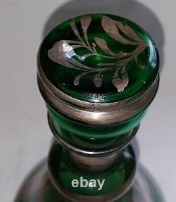 Bohemian green glass vintage Art Nouveau antique decanter & tot glasses