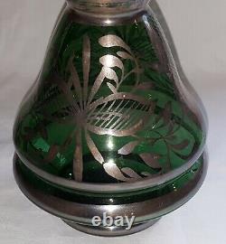 Bohemian green glass vintage Art Nouveau antique decanter & tot glasses