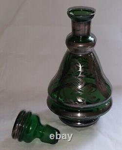 Bohemian green glass vintage Art Nouveau antique decanter & tot glasses